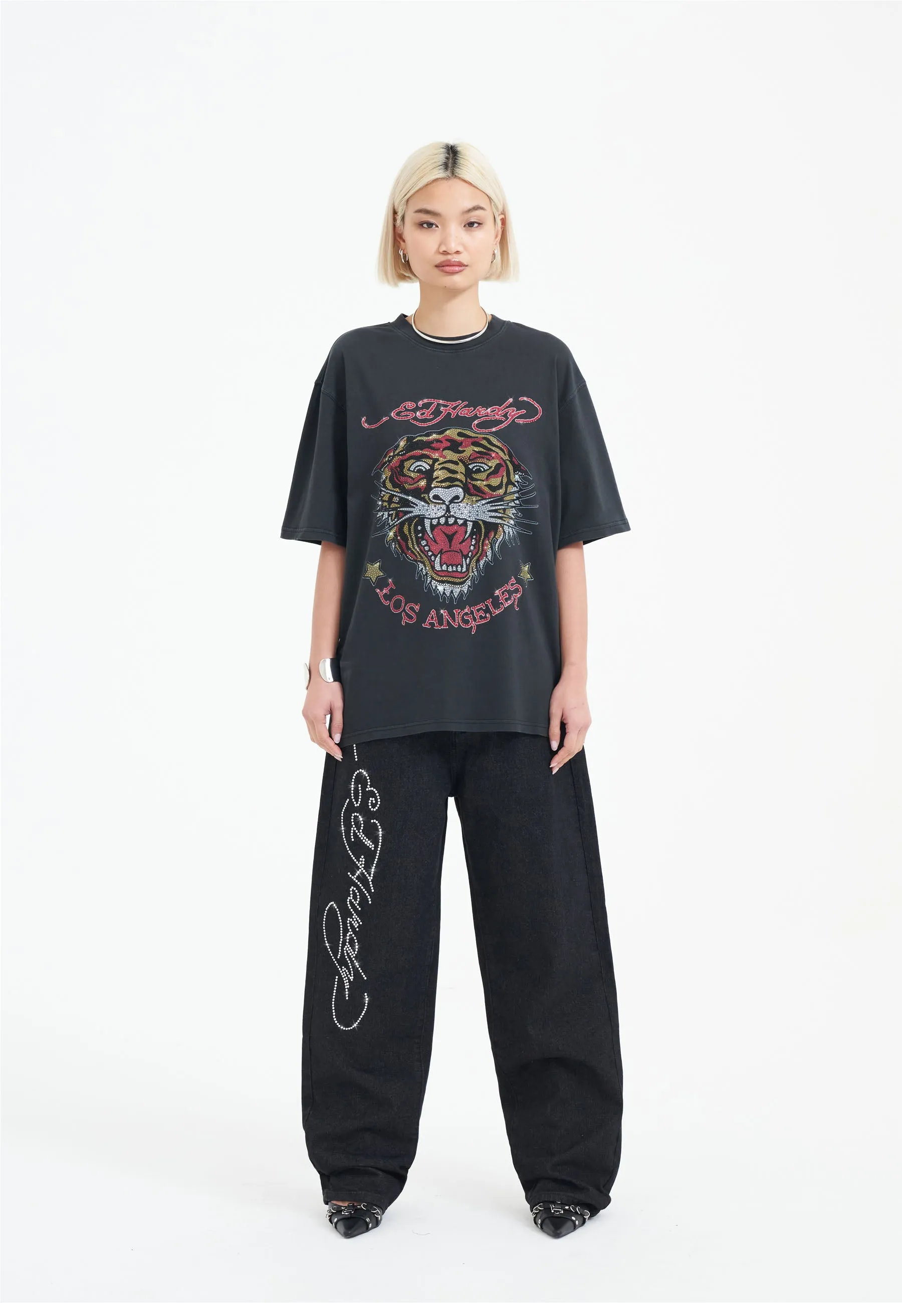 Womens La Tiger Vintage Diamante Tshirt - Black