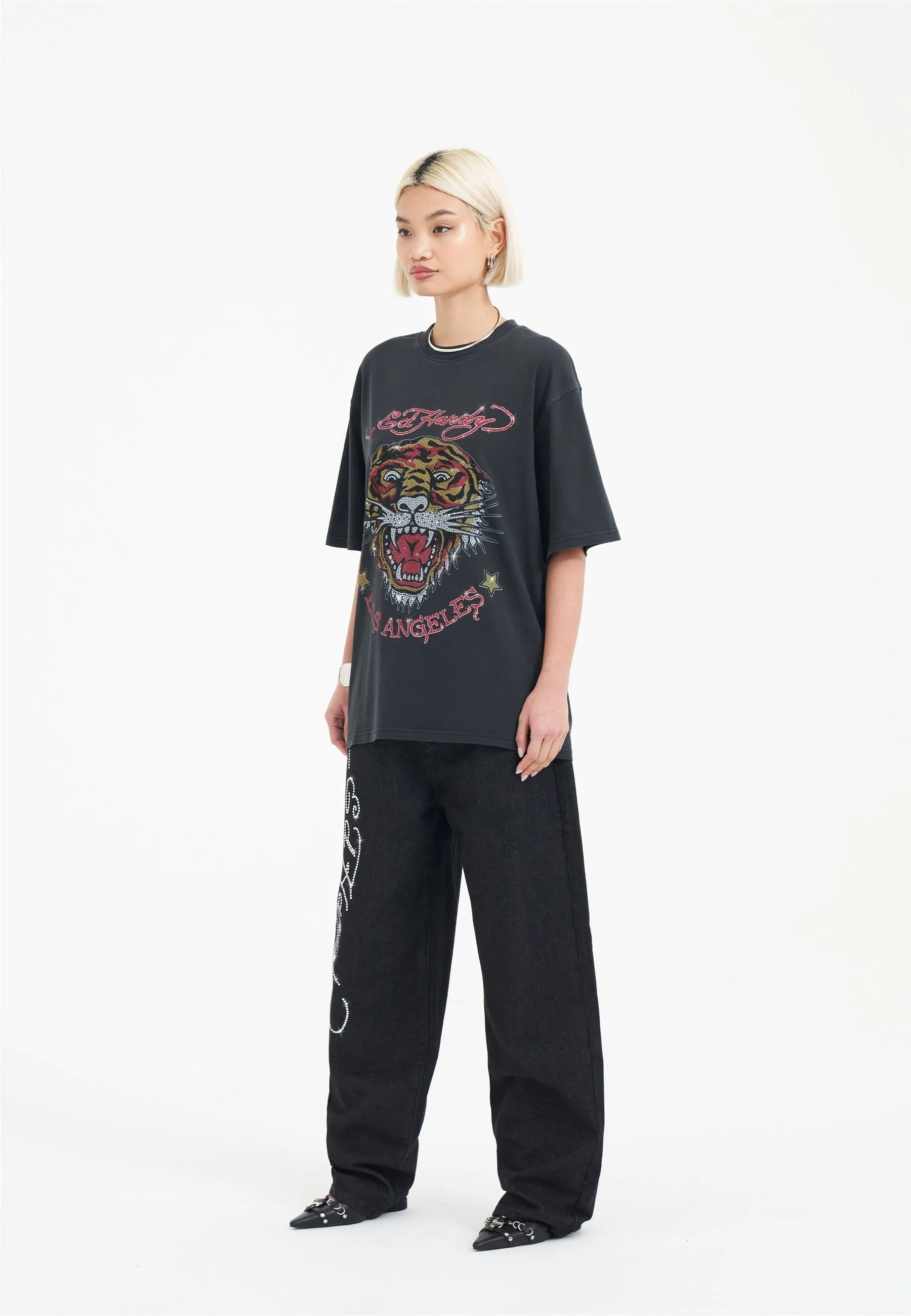 Womens La Tiger Vintage Diamante Tshirt - Black